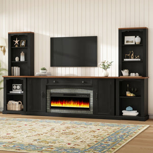English Elm 3-piece Farmhouse Entertainment Center with Curved Cabinets Walnut Mdf Modular Living Room Black N721S000072B