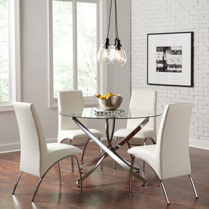 English Elm Compson Sculptural Chrome Base Dining Set with White Curved Chairs and 46" Glass Table — Modern Elegance B062S00806