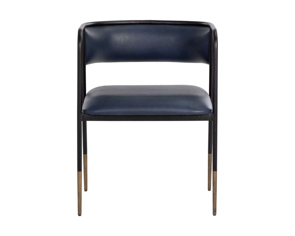 Sunpan Brenan Dining Armchair – Elegant Curved Backrest, Faux Leather Comfort, Black Metal Frame, Unique Craftsmanship Bravo Admiral