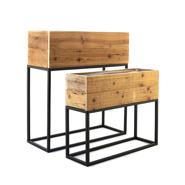 English Elm Set of 2 Rustic Wood Planter Boxes with Black Iron Stands for Farmhouse Decor W2078P496655