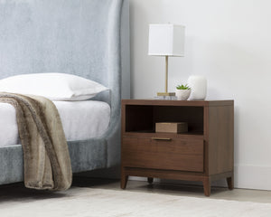 Sunpan Dimico Mid-Century Nightstand with Walnut Veneer & Rustic Bronze Handle – Timeless Elegance!