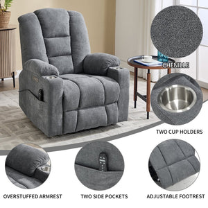 English Elm Emon's Overstuffed Chenille Power Lift Recliner with Massage Heat and Charging Ports Grey W1803S00090