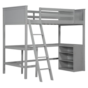 English Elm Twin Loft Bed with Built-in Desk and Open Shelves Solid Pine Kids Study Sleep Gray LT001537AAE-1