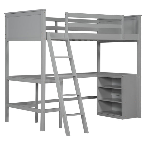 English Elm Twin Loft Bed with Built-in Desk and Open Shelves Solid Pine Kids Study Sleep Gray LT001537AAE-1
