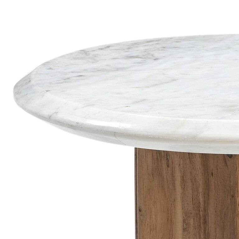 VIG Furniture Dillinger Modern White Marble End Table With Mango Wood Base, Round Drum Design, Rustic Chic Decor VGBR-ART-82403