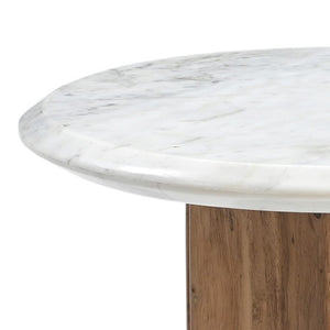 VIG Furniture Dillinger Modern White Marble End Table With Mango Wood Base, Round Drum Design, Rustic Chic Decor VGBR-ART-82403