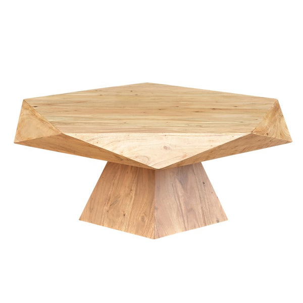 VIG Furniture Duffy Solid Acacia Pentagon Coffee Table, Light Brown Rustic Finish, Low-Profile Pedestal Base, 36" VGBR-ART-82627