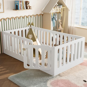 English Elm Twin Solid Pine Montessori Floor Bed with House Frame Door and Safety Fence Light White W5305P420632