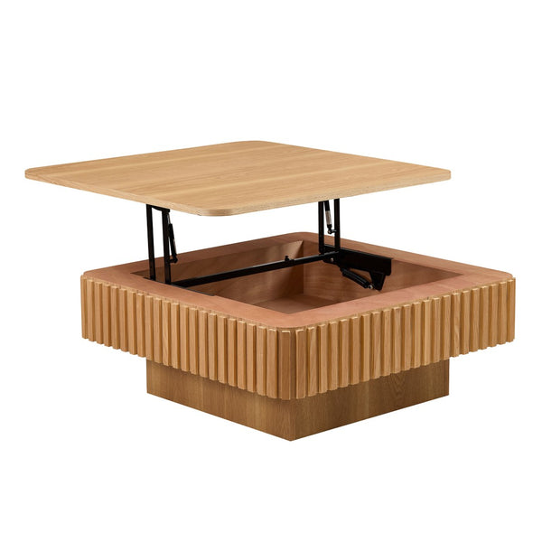 English Elm 35.43 Inch Square Lift Top Coffee Table Wood Veneer Hidden Storage Modern Living Room Natural Ash W2582P401466