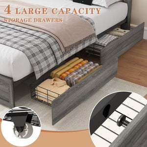 English Elm Queen-size Storage Bed with Led Headboard Barn Door Wood Grain Panel and Four Drawers W5026P429542
