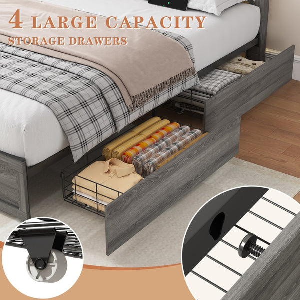 English Elm Queen-size Storage Bed with Led Headboard Barn Door Wood Grain Panel and Four Drawers W5026P429542