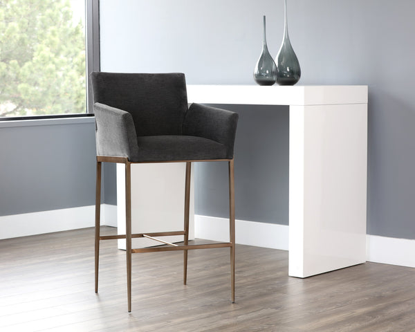 Sunpan Gesa Modern Barstool with Antique Brass Frame and Durable Performance Fabric for Elegant Dining Spaces Polo Club Kohl Grey