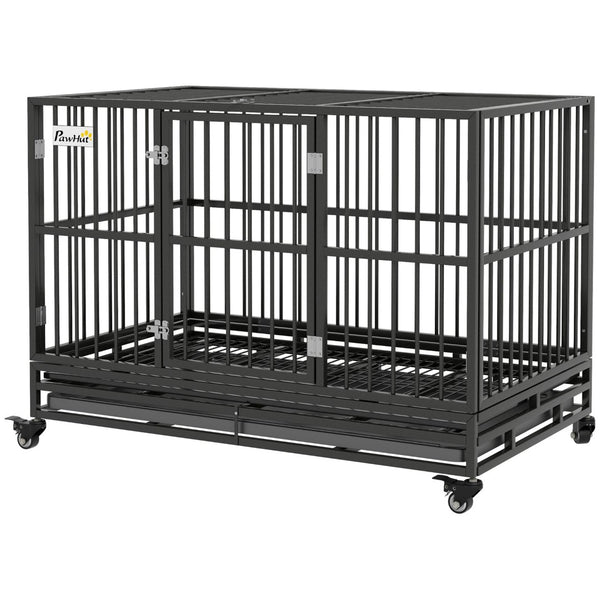 English Elm Pawhut Heavy Duty Metal Dog Kennel with Locking Wheels Dual Access and Slide Out Tray W2225P217161