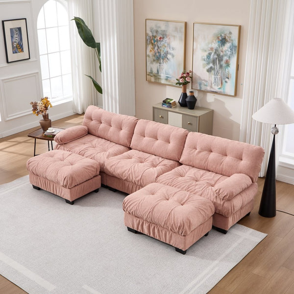 English Elm U Shaped Modular Cloud Sectional Deep Seat Flannelette Sofa with Rounded Bolster Armrests Pink W2120S00040