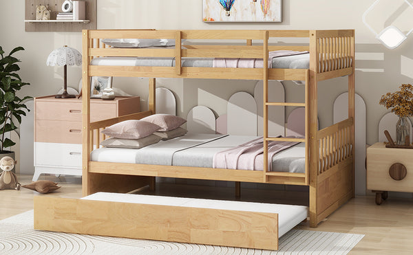 English Elm Full Over Full Rustic Bunk Bed With Trundle, Ladder, Guardrails - Versatile Space-Saver In White Oak W504S00180