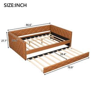 English Elm Full XL Upholstered Daybed with Trundle and Built-In LED Lighting, Tufted Arms, Solid Wood Frame Brown N7090000611D