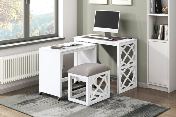 English Elm Desks 3-Piece Set with Rolling Small Desk, Upholstered Stool & Large Stationary Desk for Compact Workspaces White 38.5 L x 21.5 W x 17.5 H B011P287469