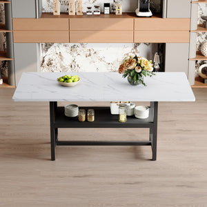 English Elm 71 Inch Fashionable Walnut Grain Dining Table with Sturdy Metal Legs, Scratch-Resistant MDF Top, Storage Shelf, Minimalist Design White+Black W1151P364852