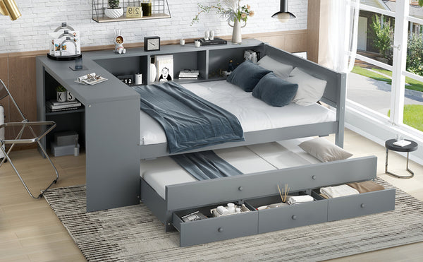 English Elm Full Size Daybed With Trundle, Stylish Gray Frame, Storage Drawers, Desk & Ultimate Space Saver W1580S00206