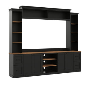 English Elm Unique Low Profile Media Console with Led Lighting Glass Shelves Fits Tvs to 105 Black N721S000077B