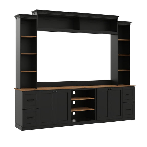 English Elm Unique Low Profile Media Console with Led Lighting Glass Shelves Fits Tvs to 105 Black N721S000077B