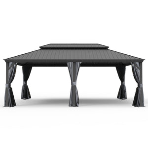 English Elm 14' X 22' Hardtop Gazebo with Drainage System, Dual-Layer Galvanized Roof, Curtains & Mesh Protection Grey W1859S00153