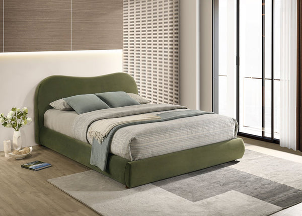 English Elm Olive Curved Upholstered Queen Bed with Built-In Footboard Drawer, Solid Wood Frame, Luxurious Velvet Finish Olive Green 32 L x 21 W x 15 H B2741S00716
