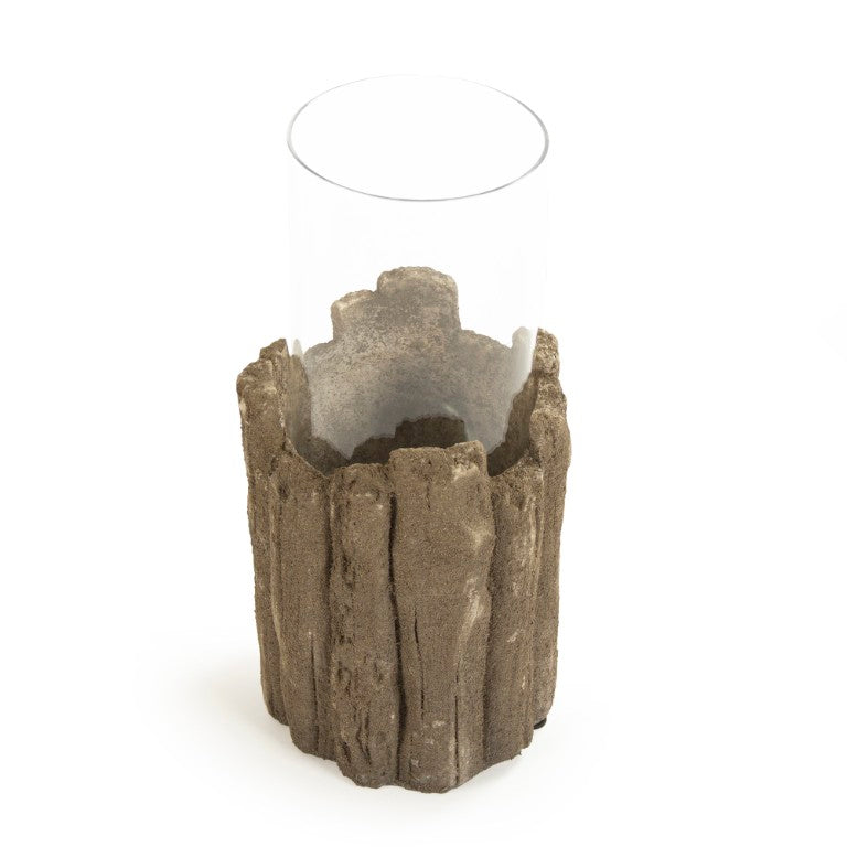 Zentique Brown Faux Wood Candle Holder with Textured Granular Glaze — Rustic Ceramic Pillar Accent for Mantels and Tablescape W6 x H13.5 x D6 8576M A729