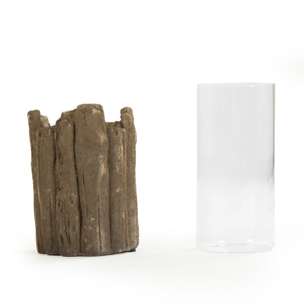 Zentique Brown Faux Wood Candle Holder with Textured Granular Glaze — Rustic Ceramic Pillar Accent for Mantels and Tablescape W6 x H13.5 x D6 8576M A729