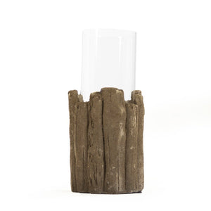 Zentique Brown Faux Wood Candle Holder with Textured Granular Glaze — Rustic Ceramic Pillar Accent for Mantels and Tablescape W6 x H13.5 x D6 8576M A729