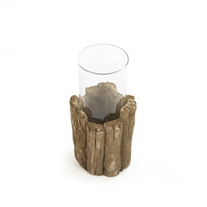 Zentique Brown Faux Wood Candle Holder with Textured Granular Glaze — Rustic Ceramic Pillar Accent for Mantels and Tablescape W5.5 x H11 x D5.5 8576S A729
