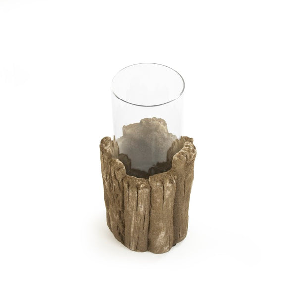 Zentique Brown Faux Wood Candle Holder with Textured Granular Glaze — Rustic Ceramic Pillar Accent for Mantels and Tablescape W5.5 x H11 x D5.5 8576S A729