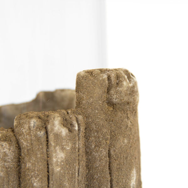 Zentique Brown Faux Wood Candle Holder with Textured Granular Glaze — Rustic Ceramic Pillar Accent for Mantels and Tablescape W5.5 x H11 x D5.5 8576S A729
