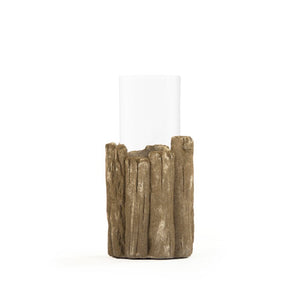 Zentique Brown Faux Wood Candle Holder with Textured Granular Glaze — Rustic Ceramic Pillar Accent for Mantels and Tablescape W5.5 x H11 x D5.5 8576S A729