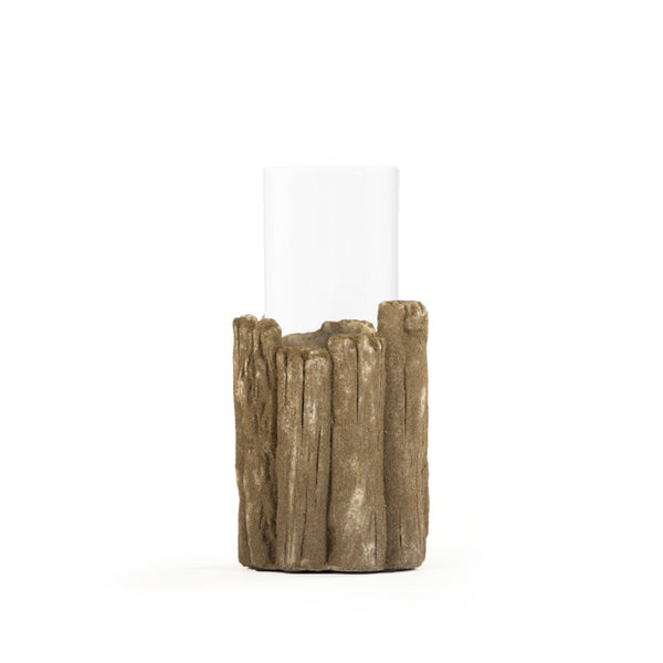 Zentique Brown Faux Wood Candle Holder with Textured Granular Glaze — Rustic Ceramic Pillar Accent for Mantels and Tablescape W5.5 x H11 x D5.5 8576S A729