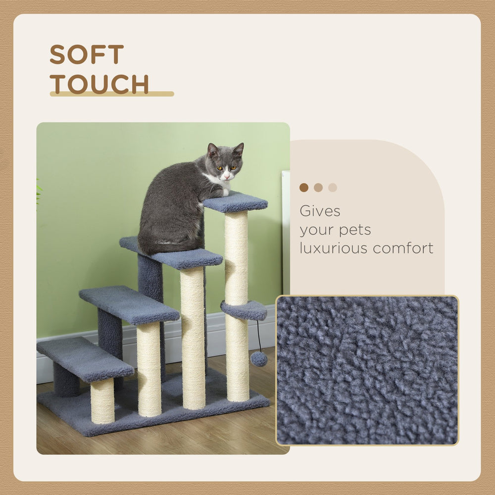 English Elm PawHut 4-Level Cat Steps Carpeted Ladder with Scratching Posts, Hanging Ball & Side Step for Sofa Bed W2225P249719