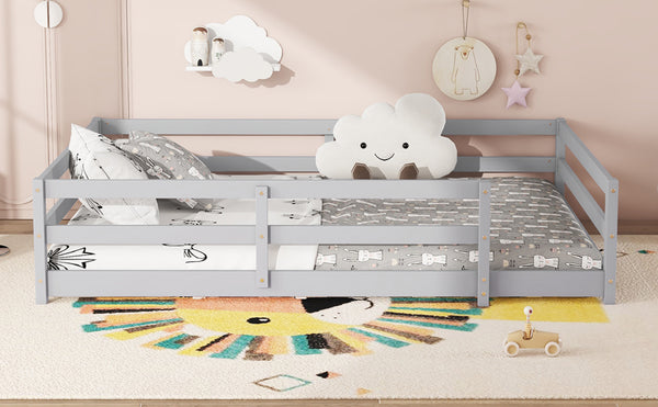 English Elm Full Montessori Floor Bed with Fence and Door, Natural Pine Slatted Full Size Bed, 300lb Capacity, Easy Assemble Grey W1820P369891