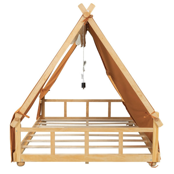 English Elm Twin Cabin Bed with Detachable Tent Skylight and Woodland Deer Antler Accents Brown N708P356717D