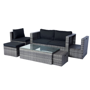 English Elm 6 Piece Patio Wicker Sectional Set with Space-Saving Nesting Design, Steel Frame, Tempered Glass Table and Weatherproof Cushions Grey+Black W329S00054
