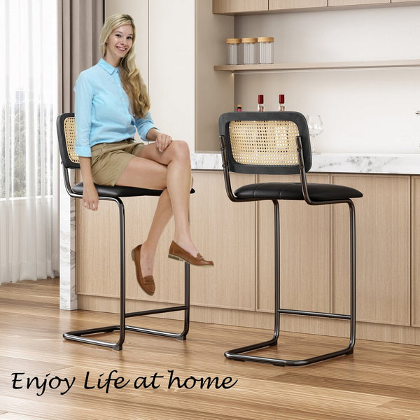 English Elm Counter Upholstered PU Leather Bar Stools Set of 2 with Rattan Back, 30" Cantilever Counter Stools Black, Anti-Slip Protectors T3623P353498