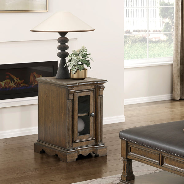 English Elm Classic Chairside Table with Fluted Pilasters, Glass Door, Adjustable Shelf and Built-In Charging Ports Brown 19.5 L x 26 W x 30 H B011P387120