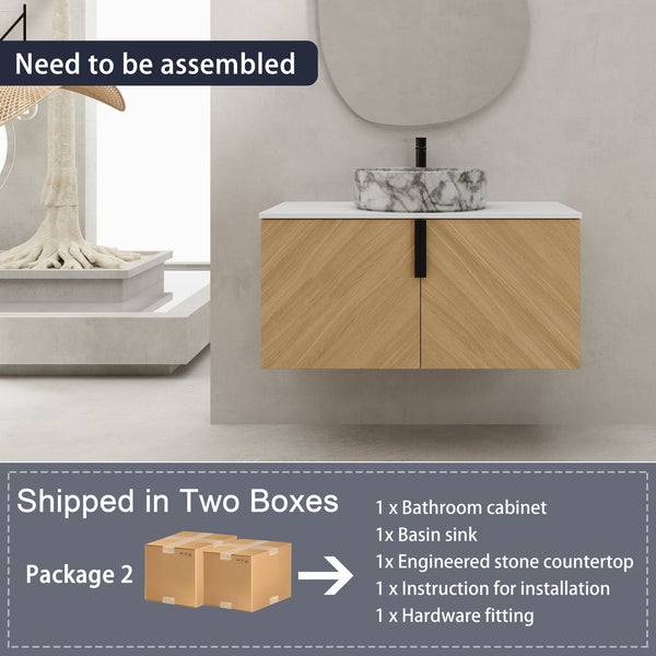 English Elm 36" Modern Wall-Mounted Bathroom Vanity With Soft-Close Doors, Ceramic Sink & Durable Oak Finish W999S00451