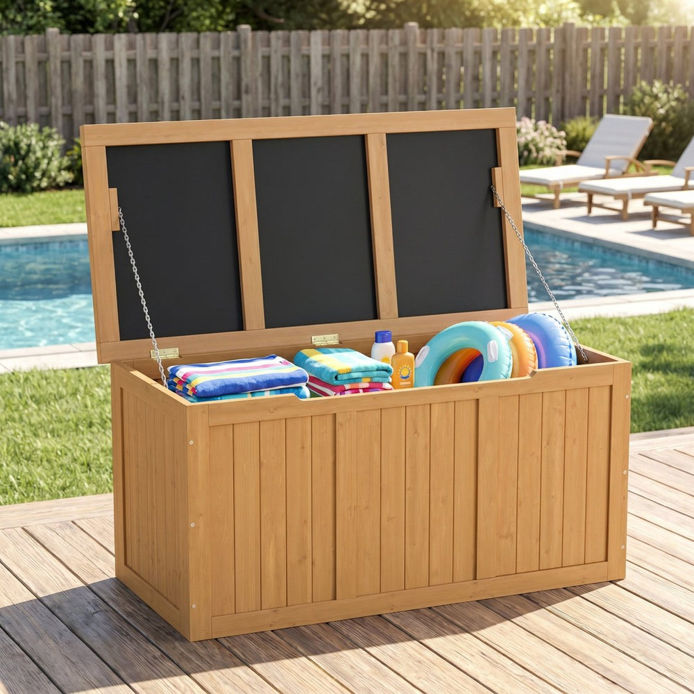 English Elm 67 Gallon Solid Wood Outdoor Deck Box with Hinged Lid Doubles as Patio Bench Seat W2640P327217