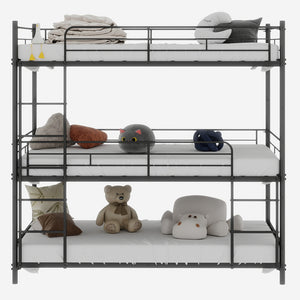 English Elm Heavy-duty triple bunk bed frame with built-in ladder, full guardrails, metal slats, space-saving design Black W1935P330699