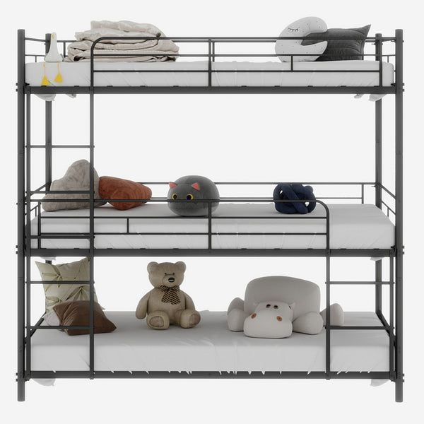 English Elm Heavy-duty Triple Bunk Bed Steel Frame with Full Guardrails and Dual Ladders Black W1935S00005