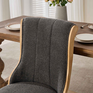English Elm Snow Velvet dining chair with mid-century curved wood trim, plush foam support, sturdy solid wood craftsmanship and sculpted legs for elegant dining and lounge seating Gray W1143P332692