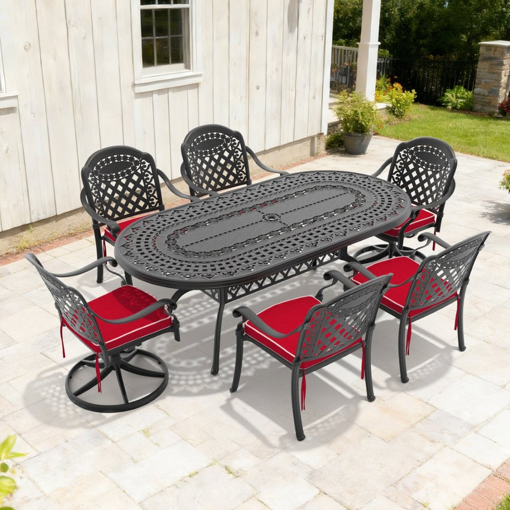 English Elm 7-piece Cast Aluminum Oval Patio Dining Set with Swivel Chairs Carved Detail W1710S00664