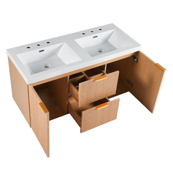 English Elm [video]47.24 Inch Floating Double Sink Vanity Mdf Cabinet Gold Handles Modern Bath N729P000025N