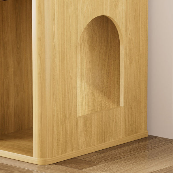 English Elm 31.5-inch Grooved Wood Cat Litter Cabinet with Integrated Tree Mid-century Pet Furniture Natural W1162P407685