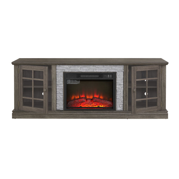 English Elm 70" Modern TV Stand with 23" Electric Fireplace, Faux Stone Mantel, Ample Storage & Cable Management Grey W2275S00024